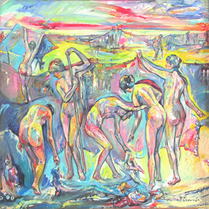 What is a youth - Maids hang nets, oil on canvas, 88x100 cm. 2020